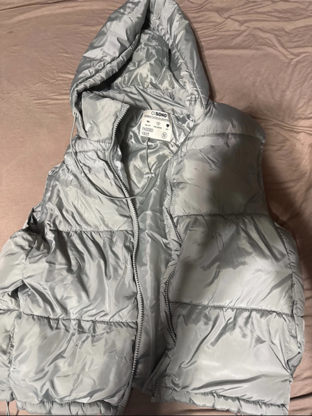 Ci Sono Silver Hooded Puffer Vest - Lightweight Quilted Sleeveless Jacket